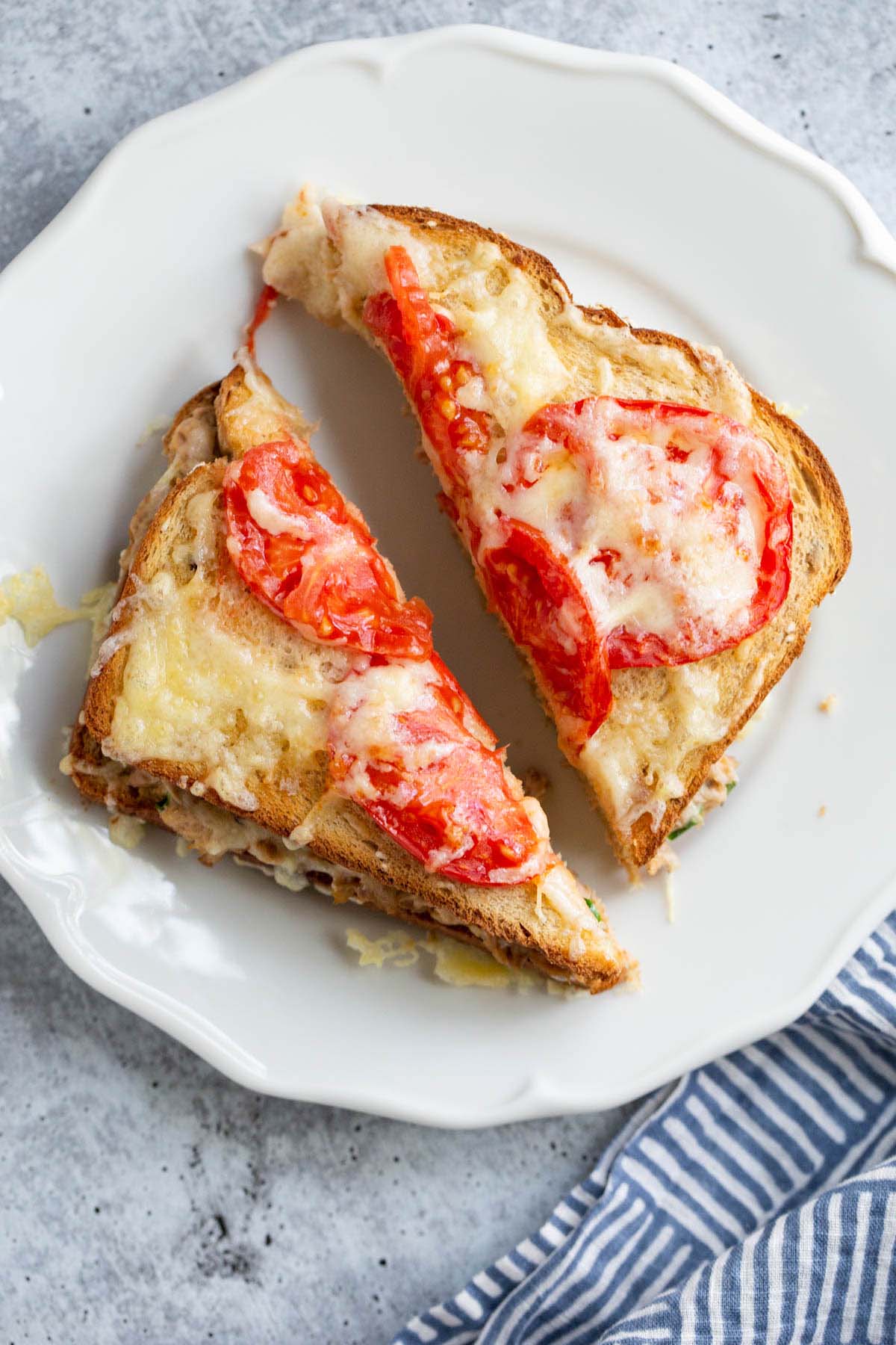 Air fryer tuna melt on a white plate.