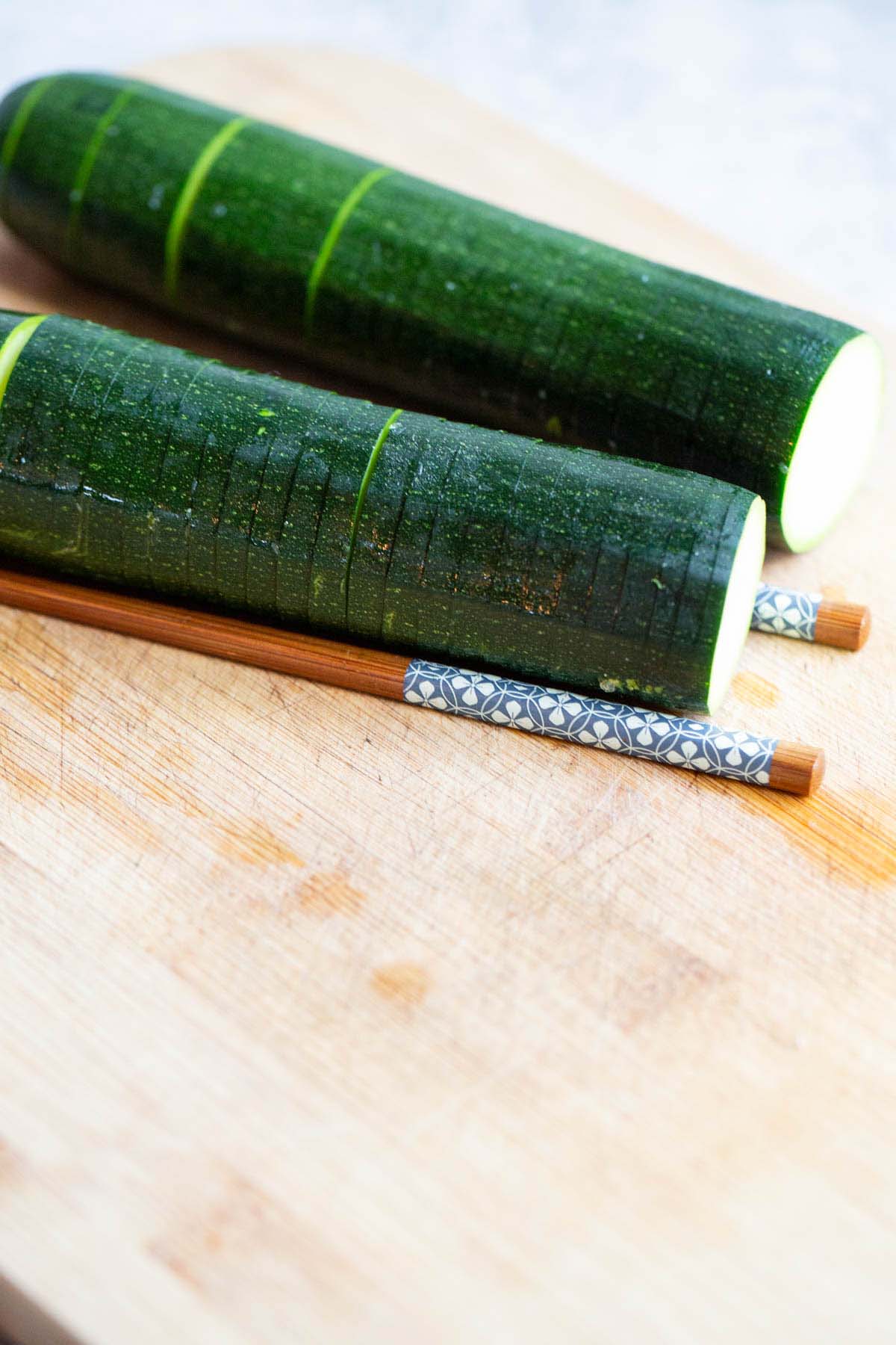 Slicing zucchini.