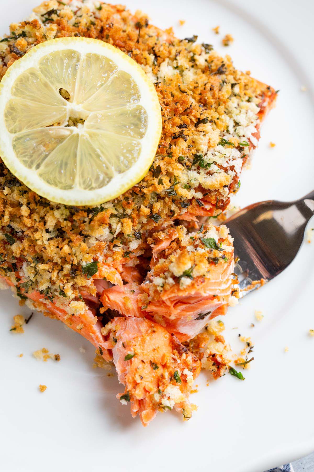 Air fryer panko salmon up close.