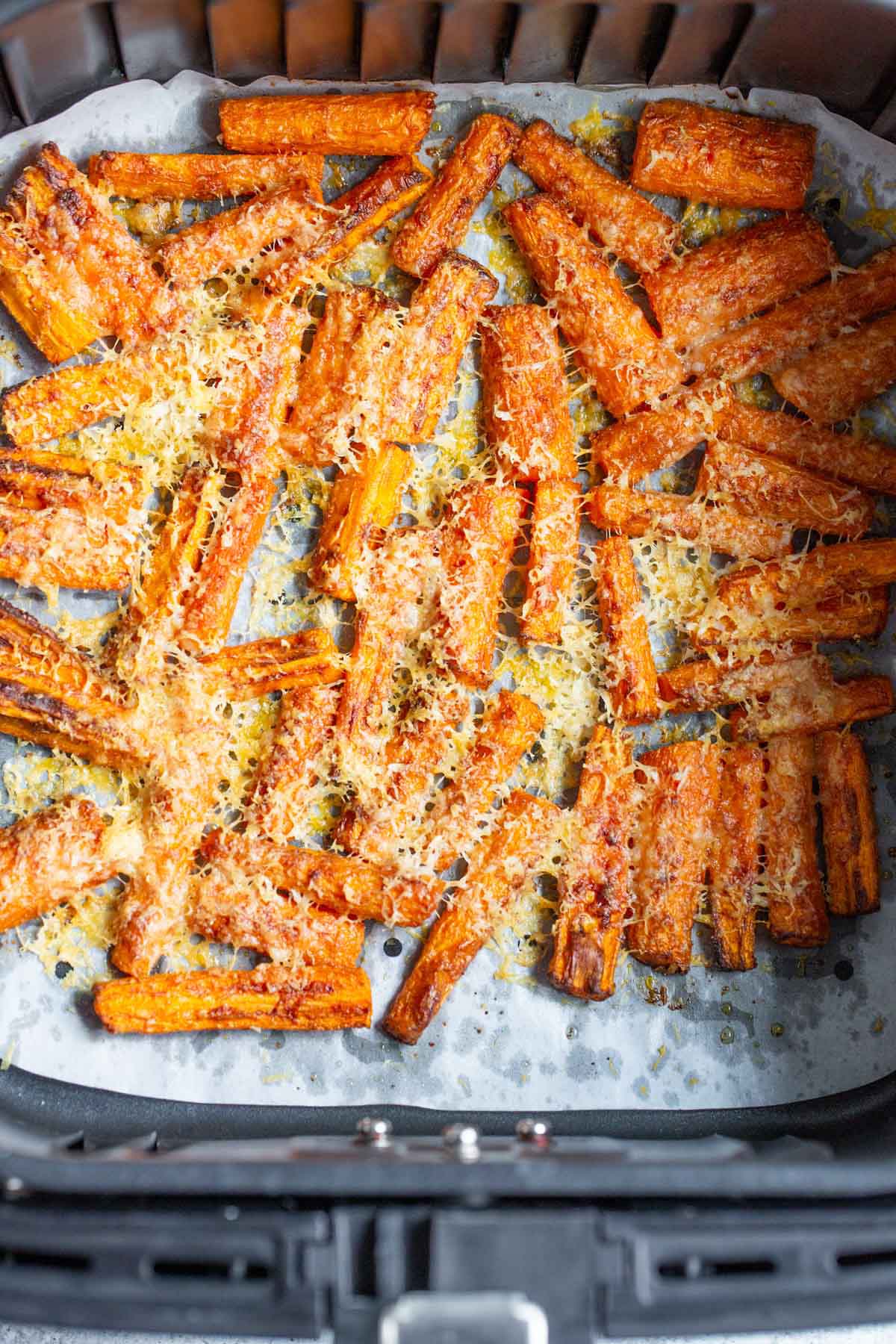 Cooked parmesan carrots in air fryer.