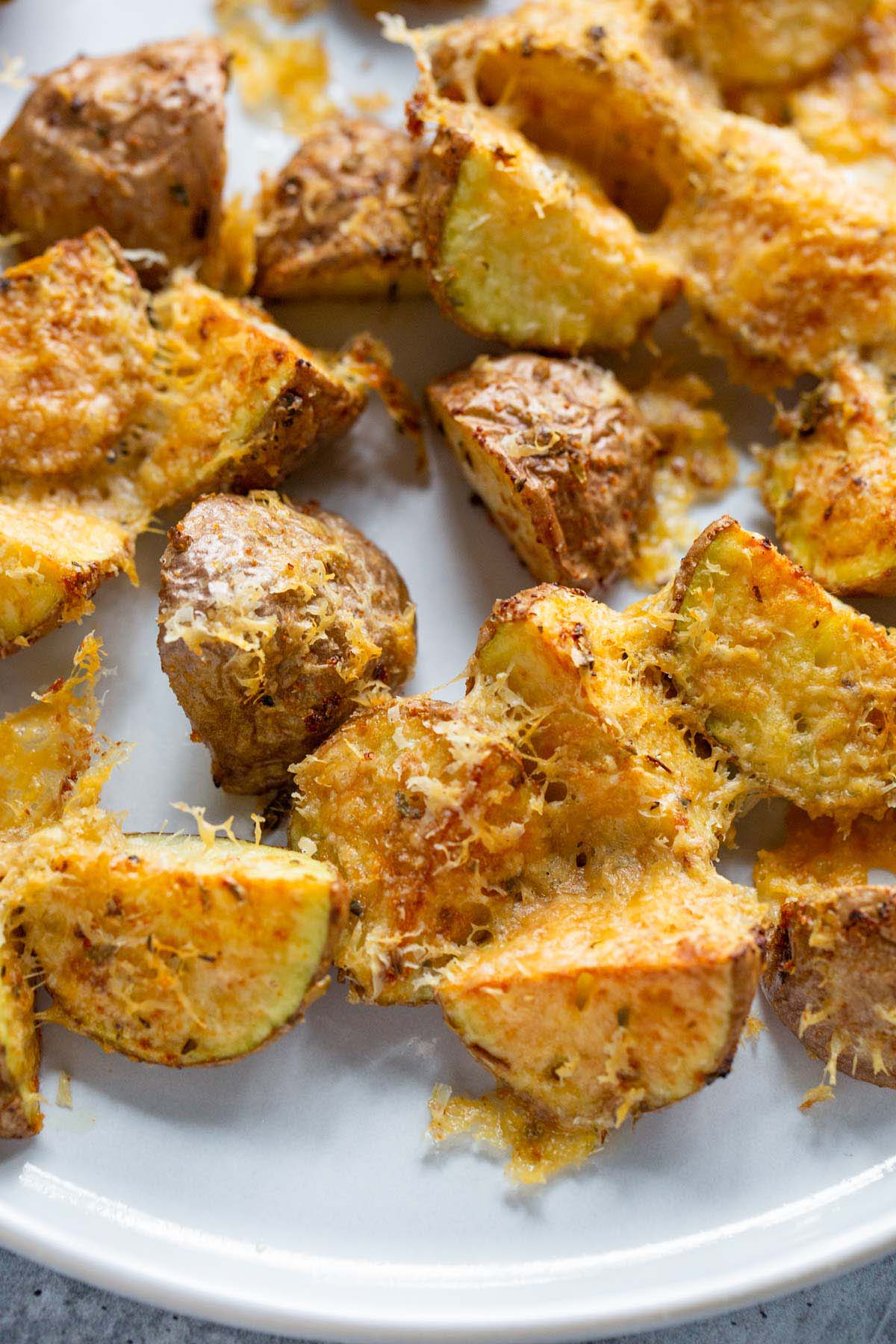 Air fryer parmesan potatoes up close.