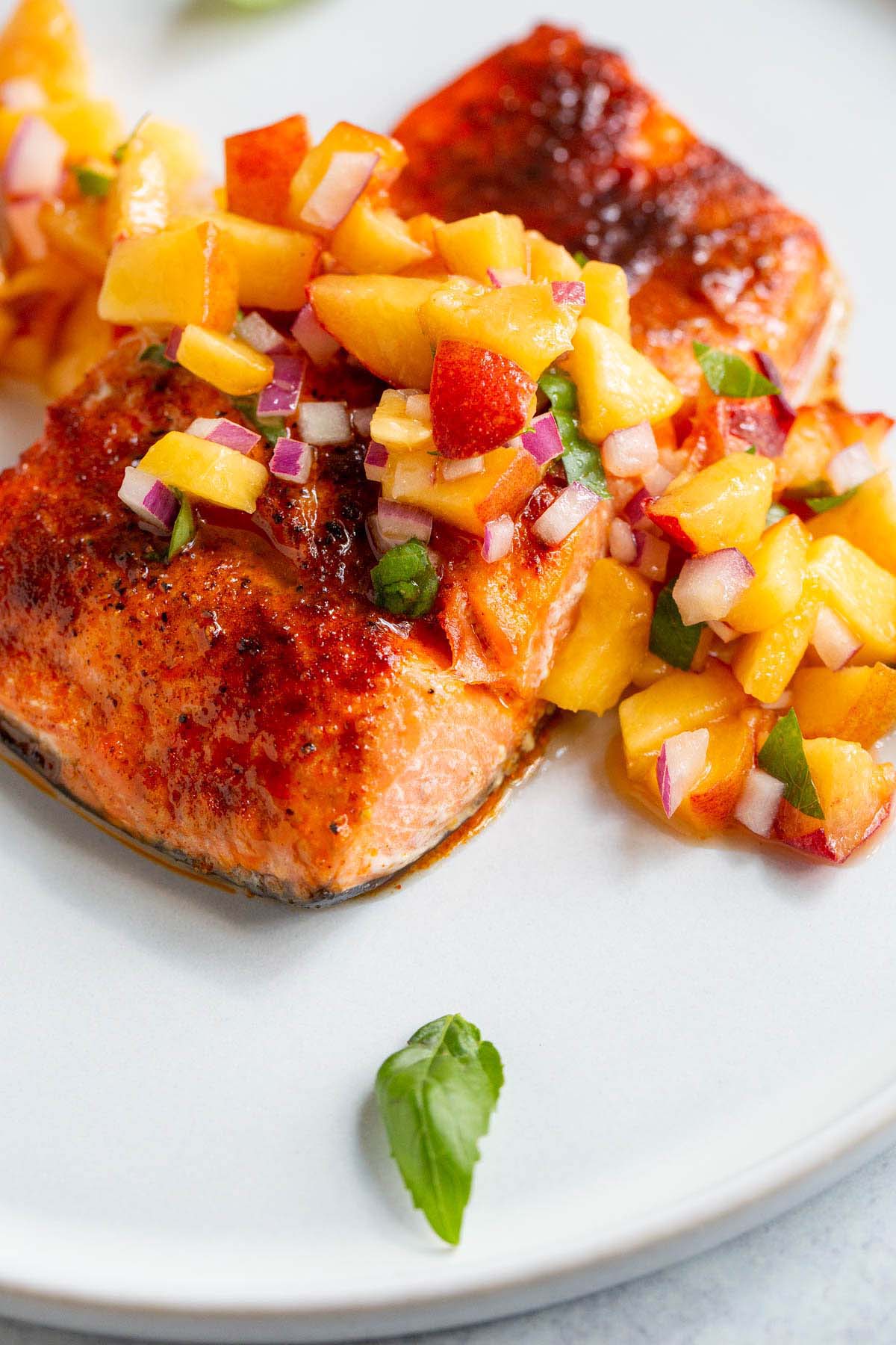 Salmon with peach salsa up close