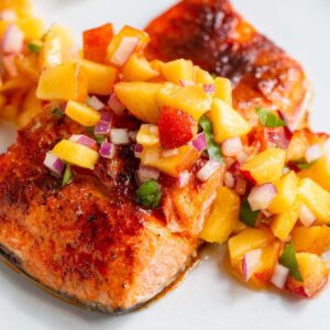 Salmon with peach salsa up close