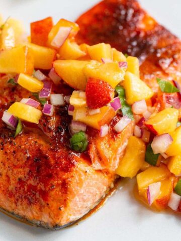 Salmon with peach salsa up close