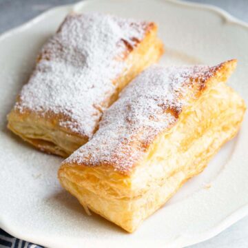 Air fried puff pastry with powdered sugar.