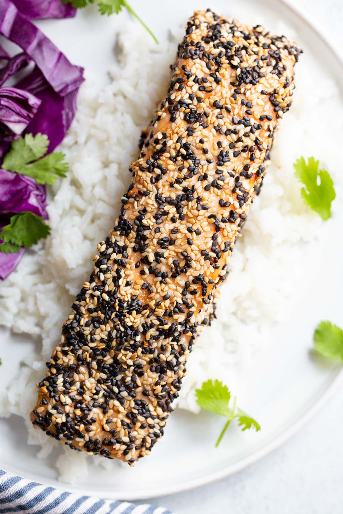 Air fryer sesame salmon over rice.