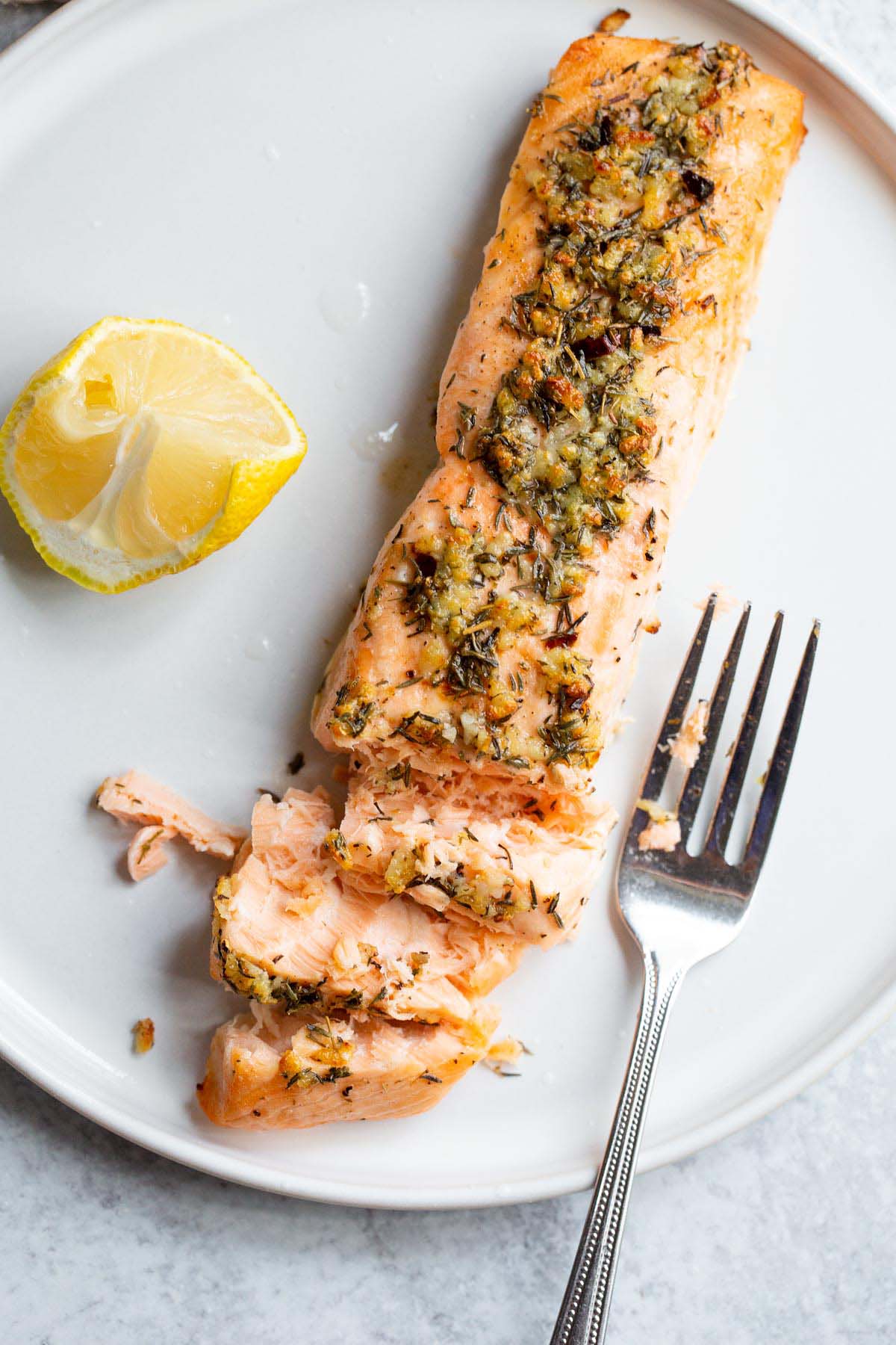 Cooked salmon on a plate.