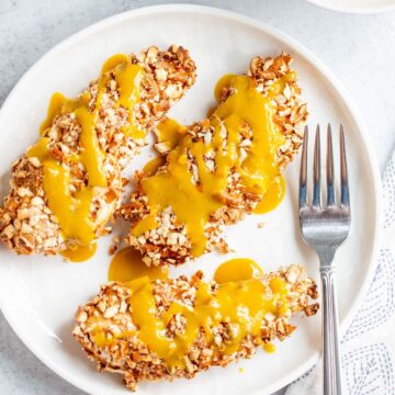 Air fried pretzel chicken with honey mustard sauce