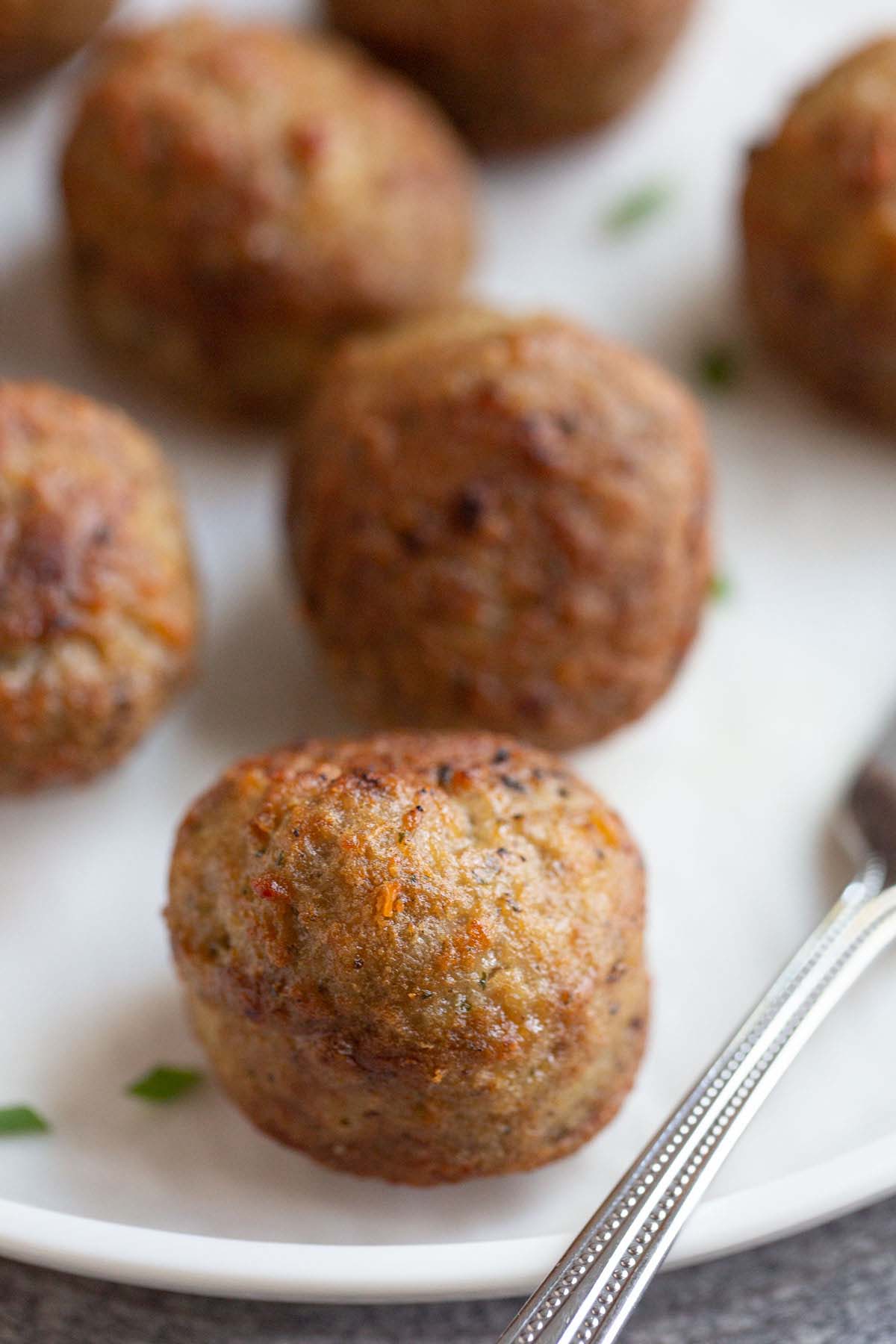 Cooked frozen meatballs up close