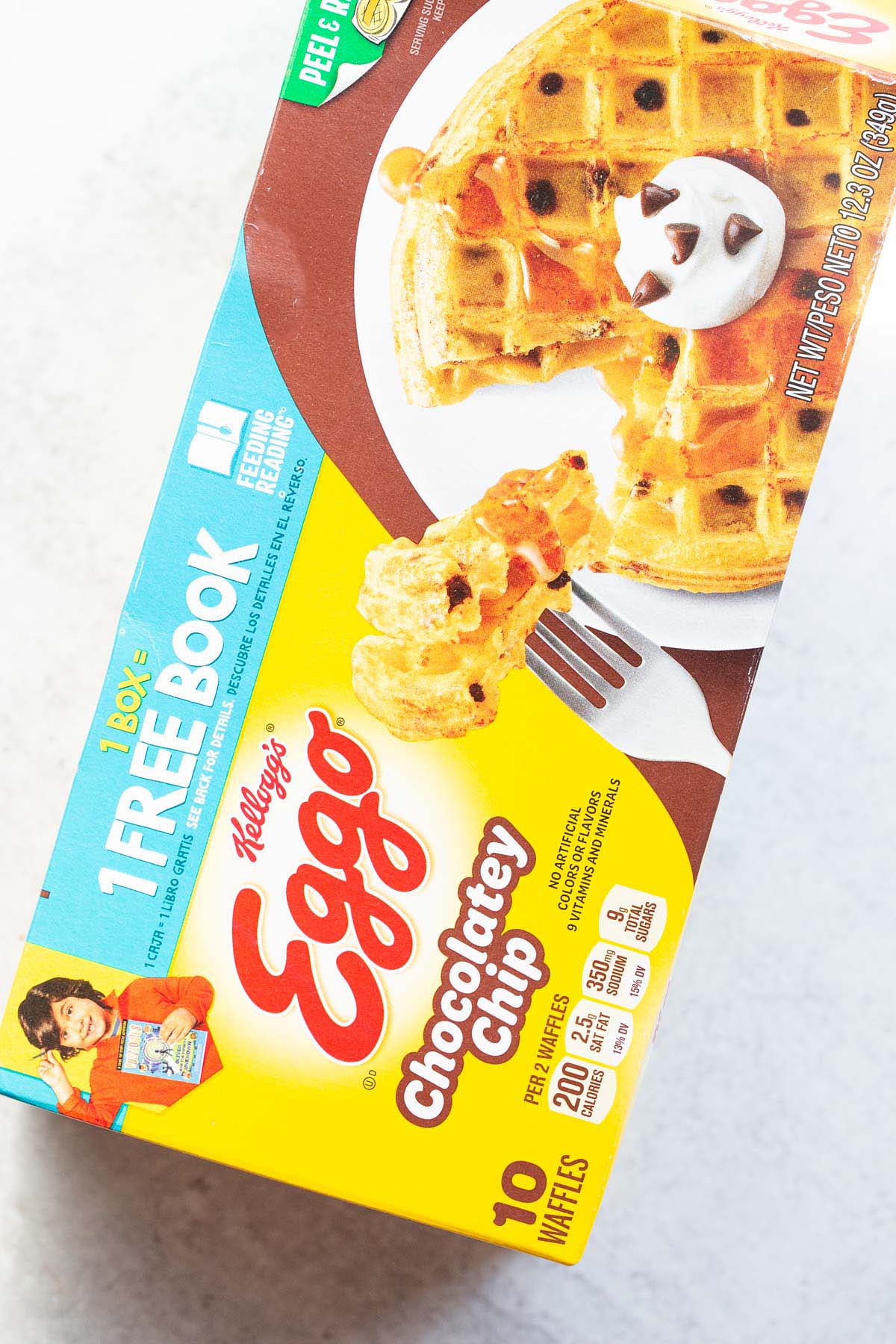 Box of Eggo chocolate chip waffles.