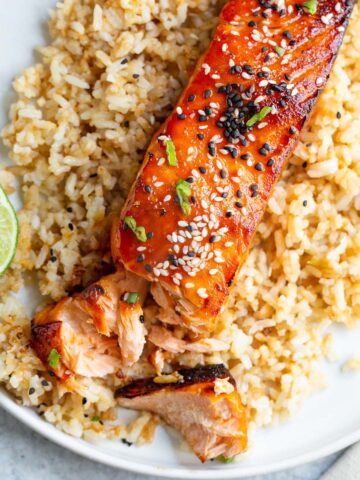 Air fried gochujang salmon on top of rice.