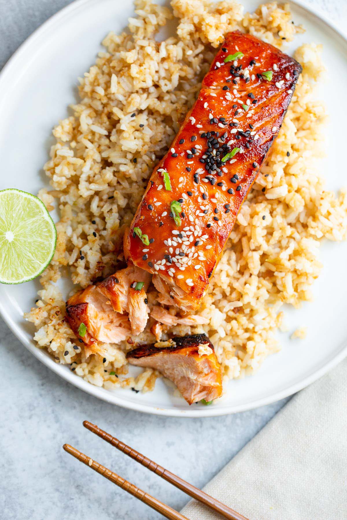 Air fried gochujang salmon on top of rice.