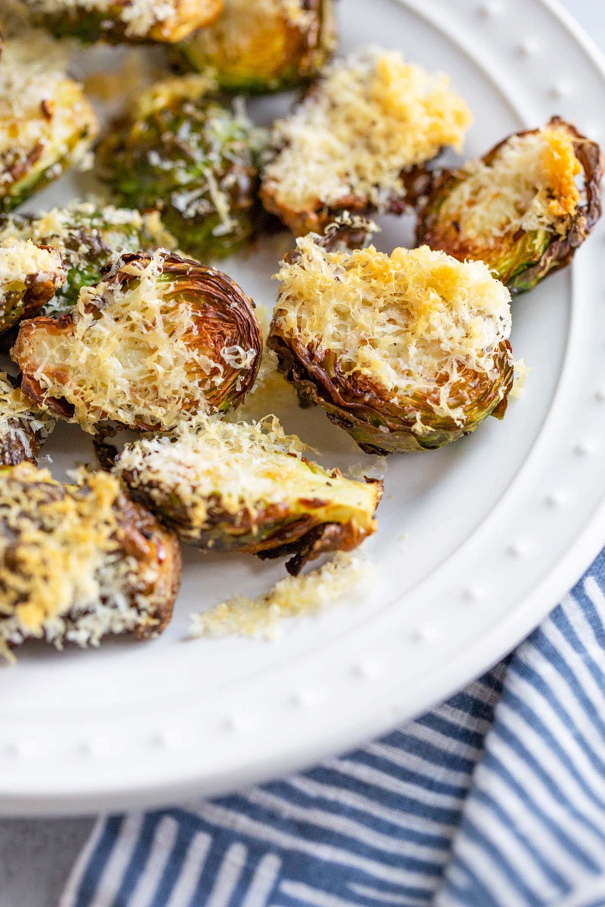 Air fried parmesan brussels sprouts up close.