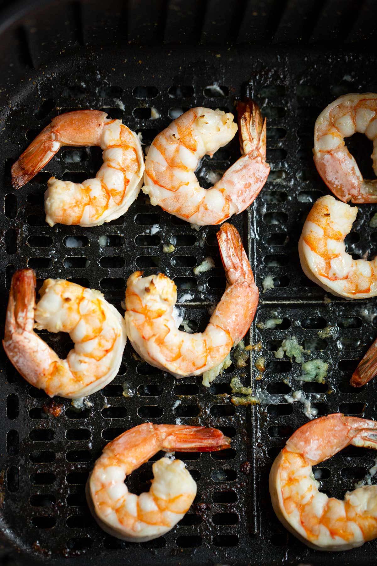 Cooked garlic butter shrimp in air fryer.