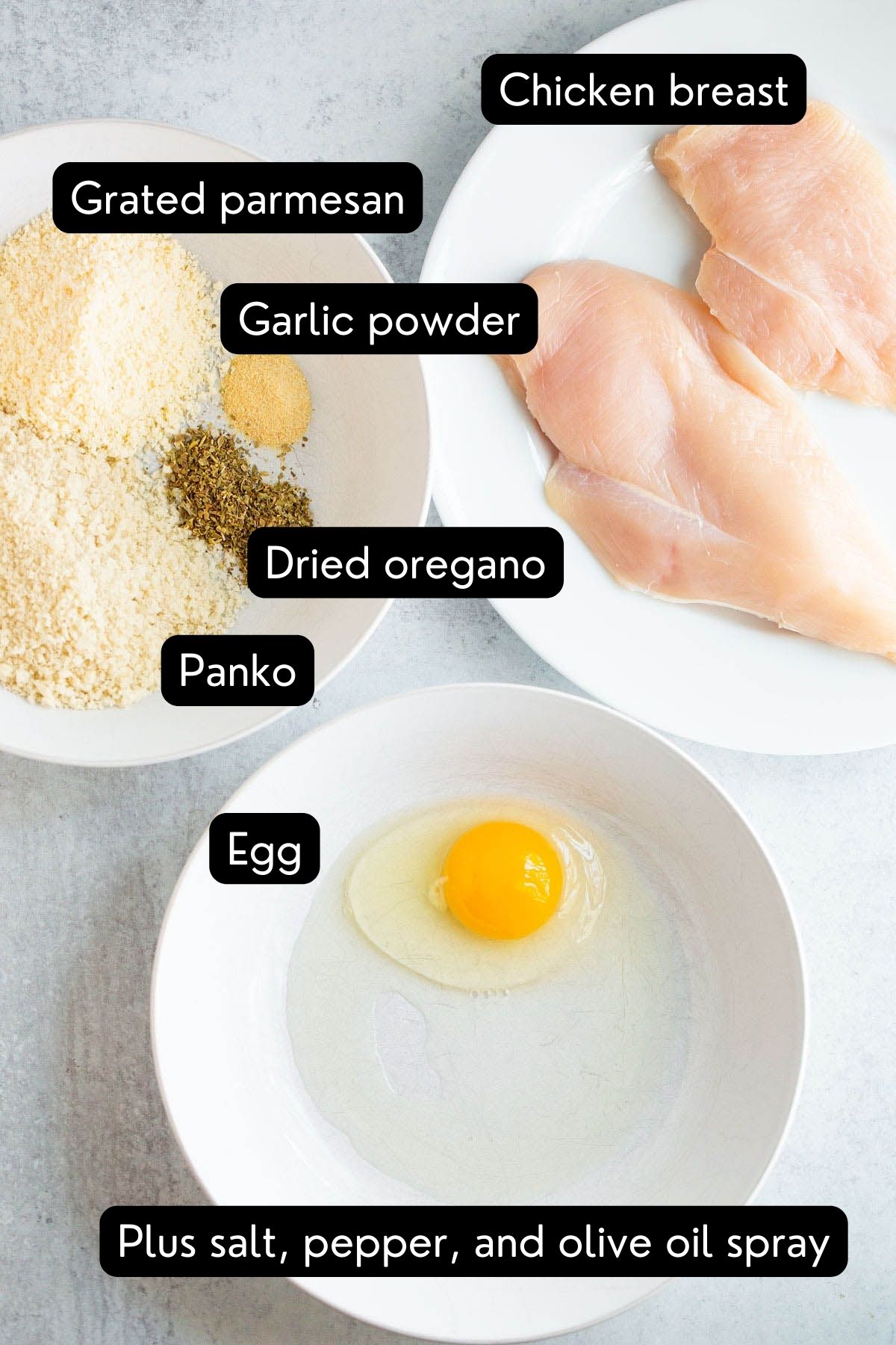 Ingredients for air fryer parmesan chicken.