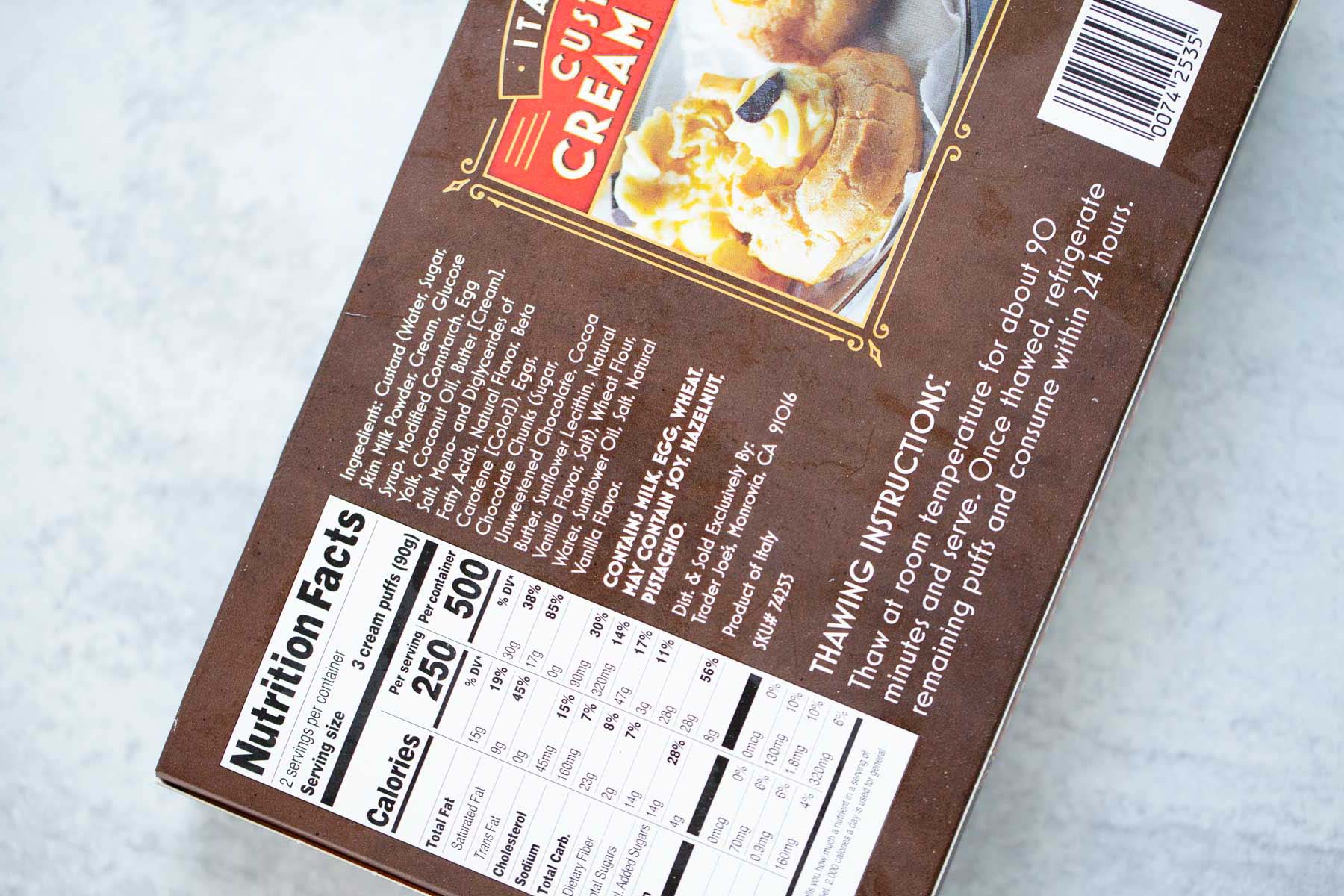 Backside of Trader Joe's Cream Puffs box