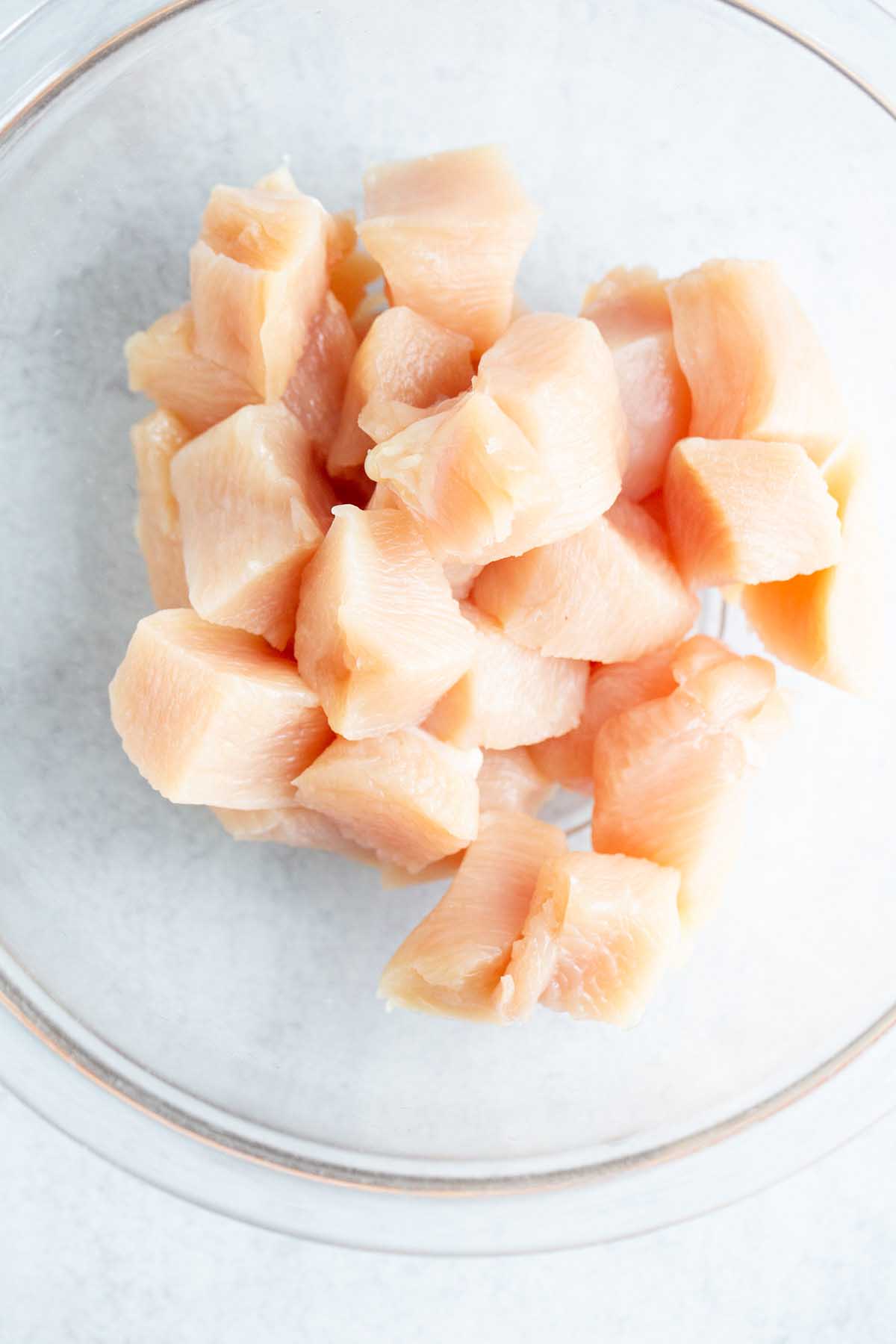 Cubed chicken in a bowl