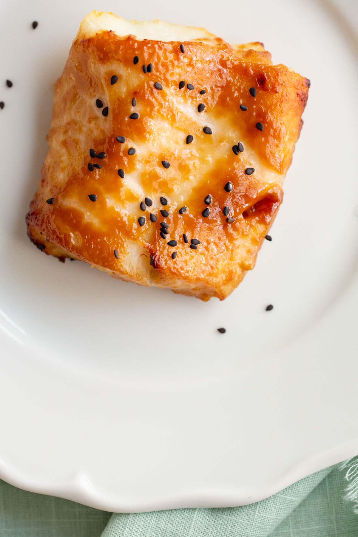 Air fryer miso cod up close topped with black sesame seeds