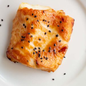 Air fryer miso cod up close topped with black sesame seeds