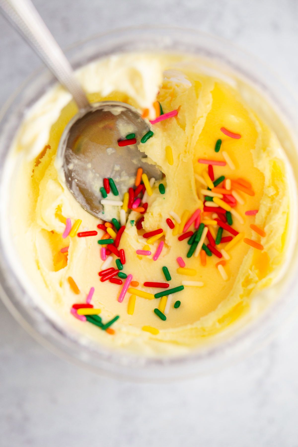 Creami cake batter ice cream in pint container