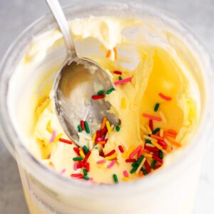 Creami cake batter ice cream in pint container