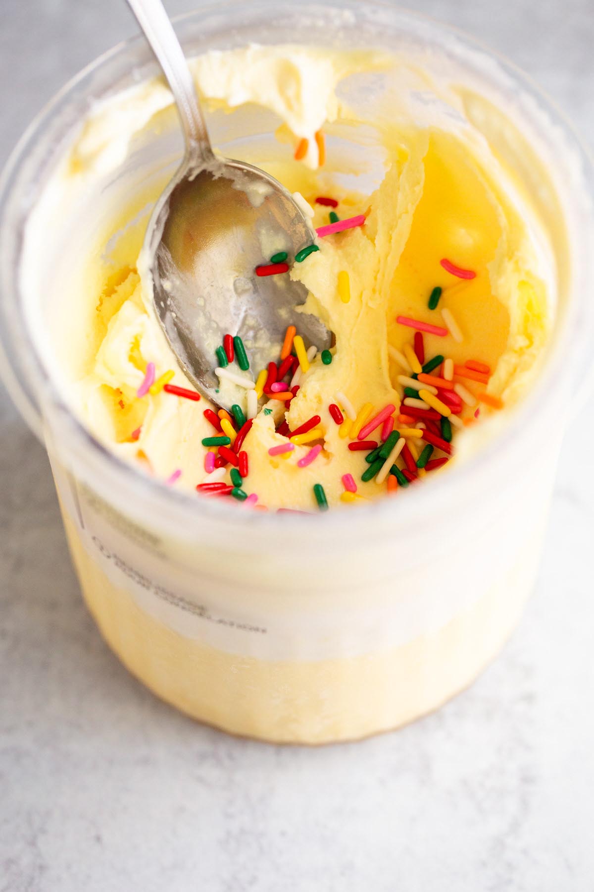 Creami cake batter ice cream in pint container