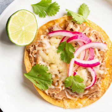 Air fryer tostada topped with cilantro and red onions.