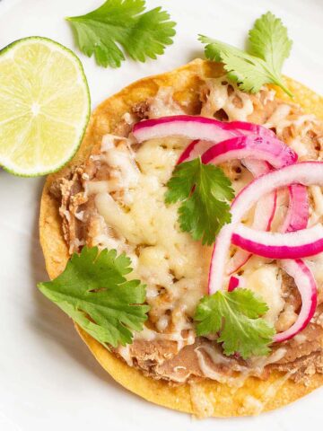 Air fryer tostada topped with cilantro and red onions.