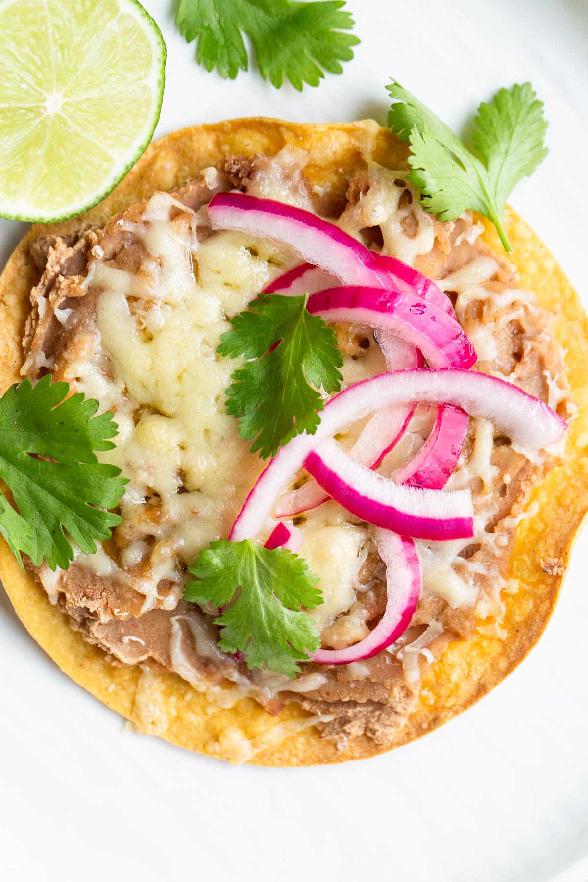 Air fried tostada topped with cilantro and red onions.