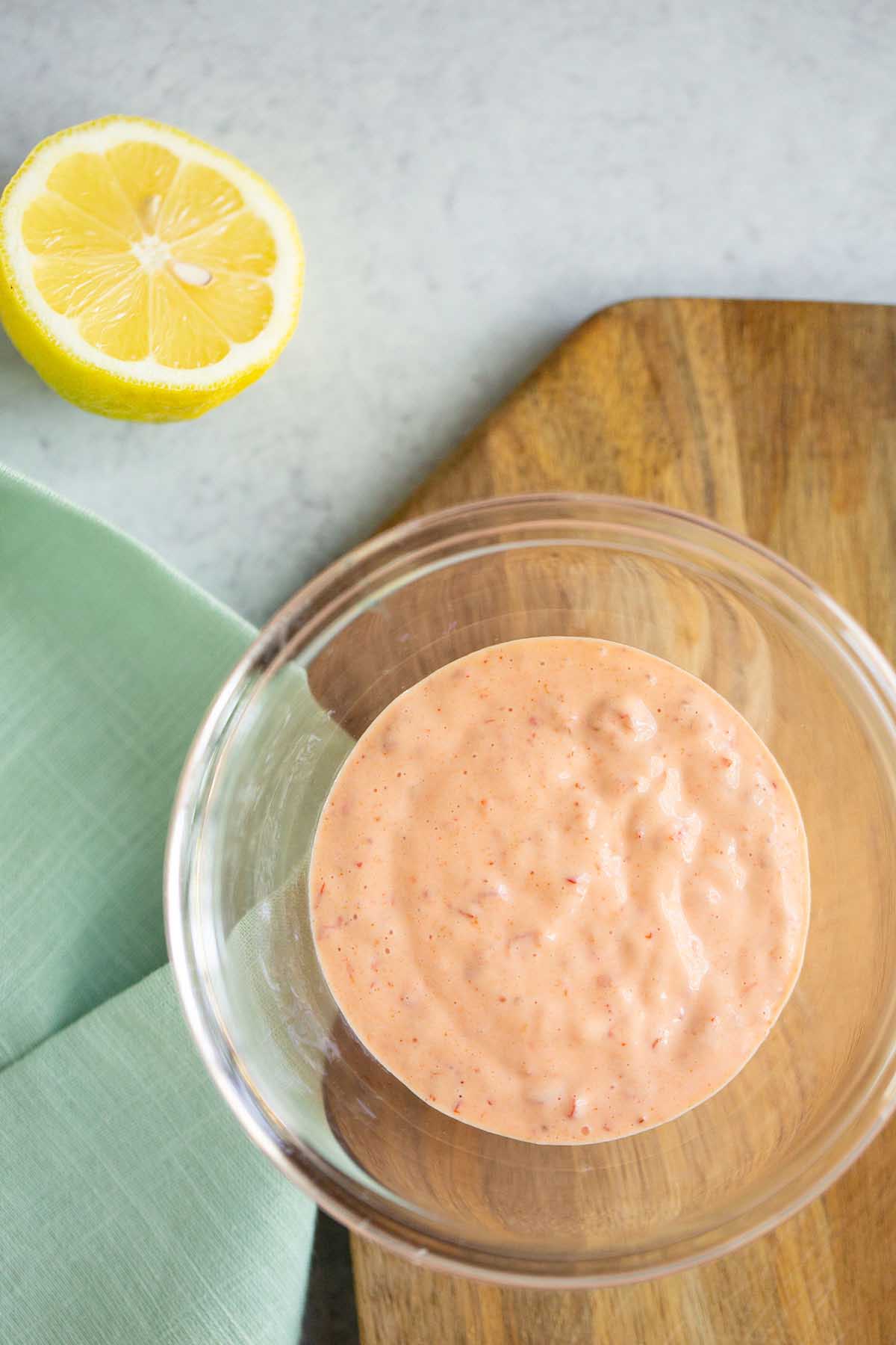 Harissa mayo in a glass bowl