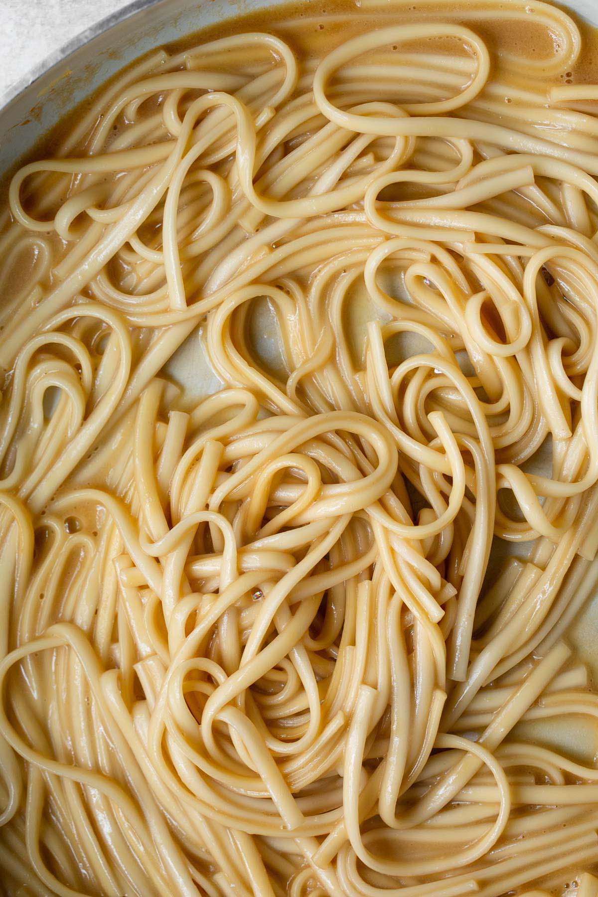 Miso butter noodles in a skillet