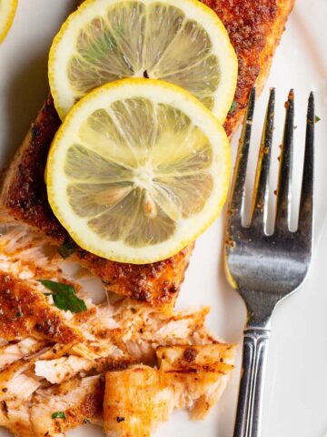 Air fryer old bay salmon with lemon slices