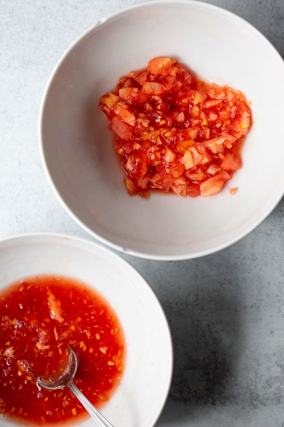 Tomato ingredients in bowls.