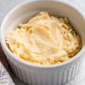 Miso butter in a small white bowl.