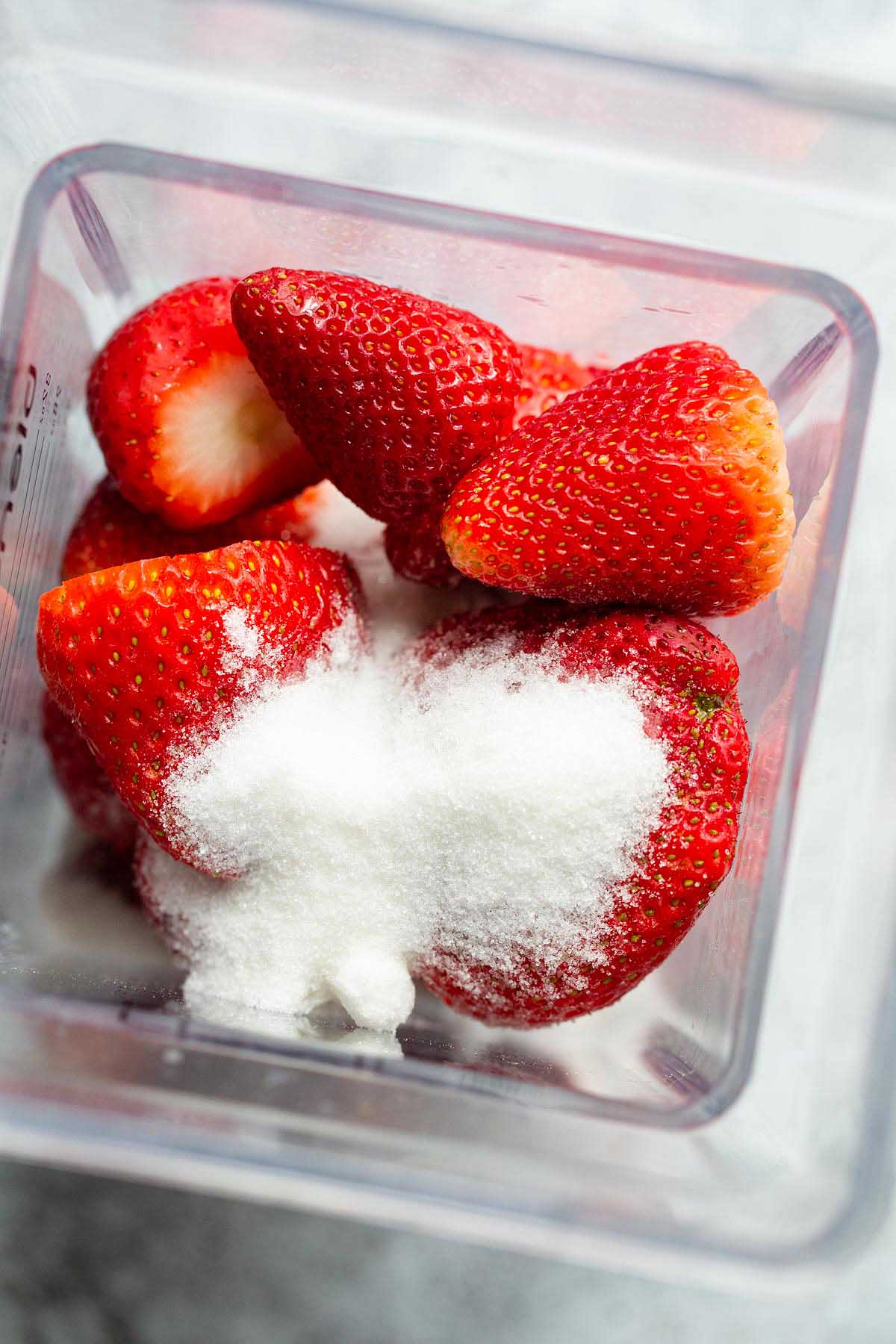 Strawberry sorbet ingredients in blender