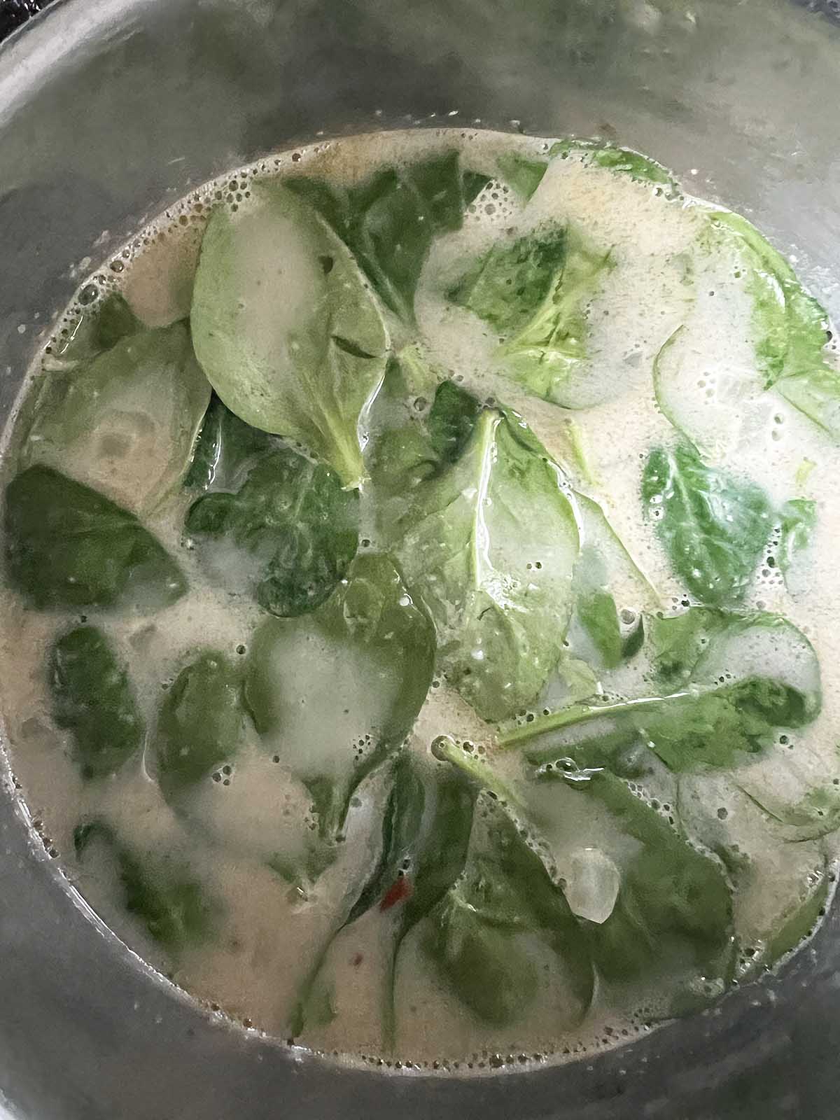 Adding spinach to salmon soup