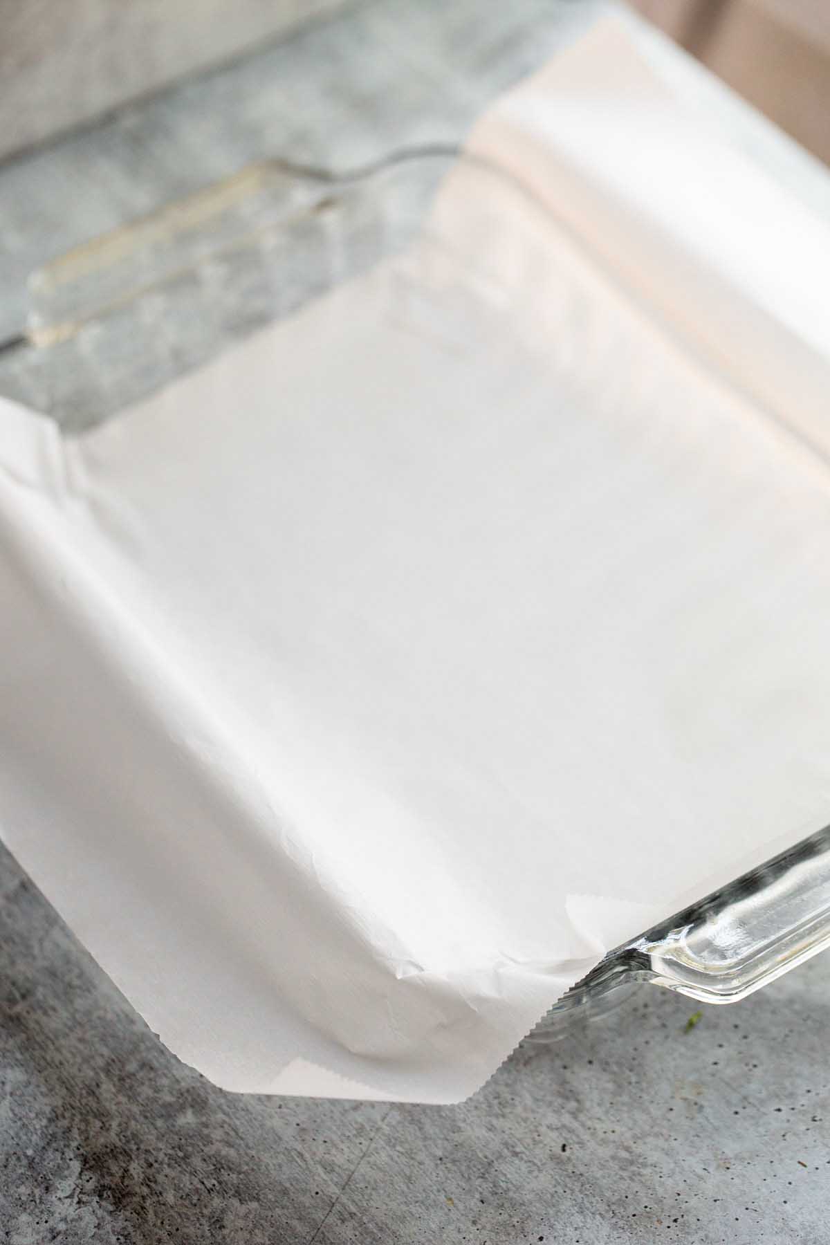 Casserole dish lined with parchment paper