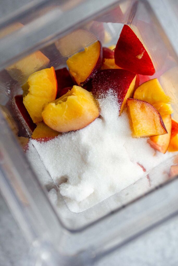 Ingredients for peach sorbet in blender