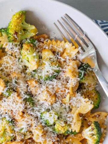 Chicken and broccoli pasta with parmesan cheese