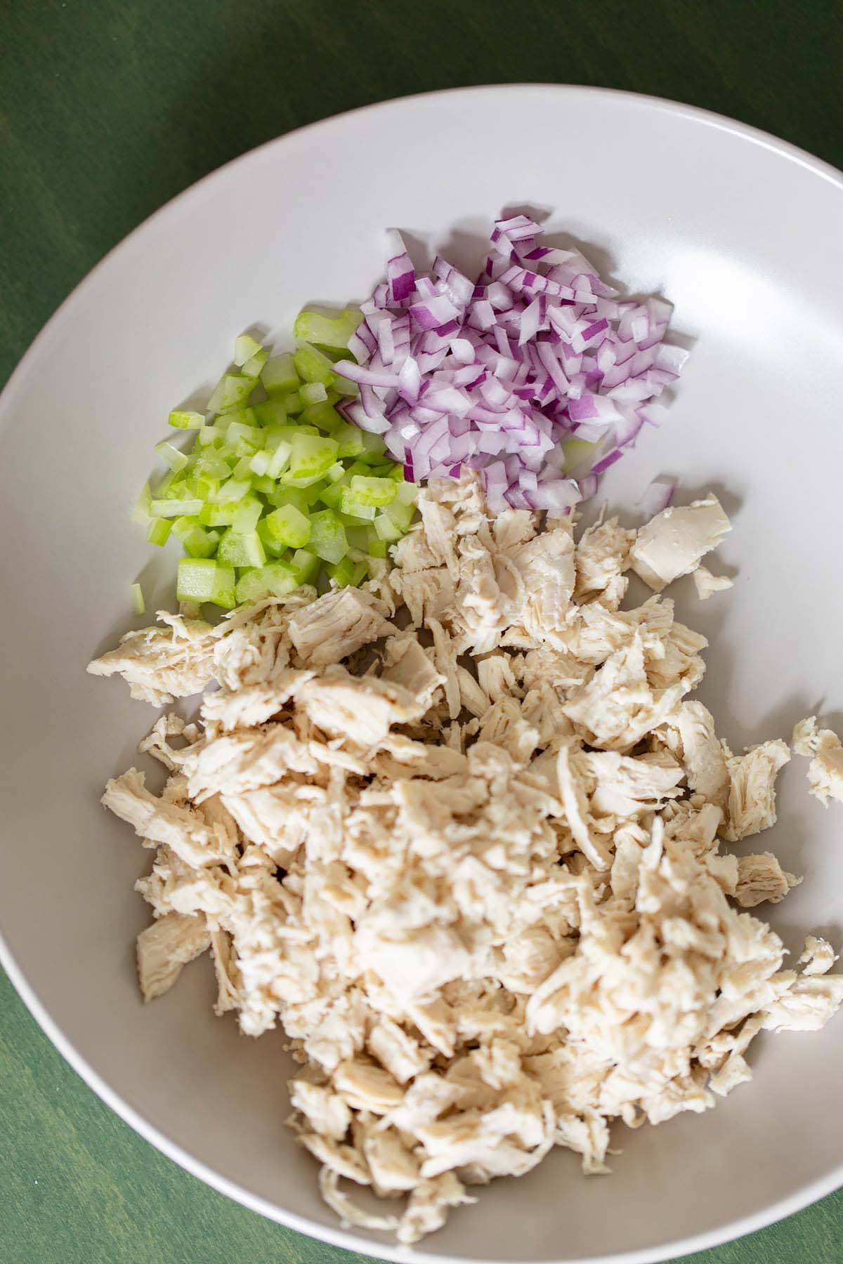 Shredded chicken, celery, and diced red onion