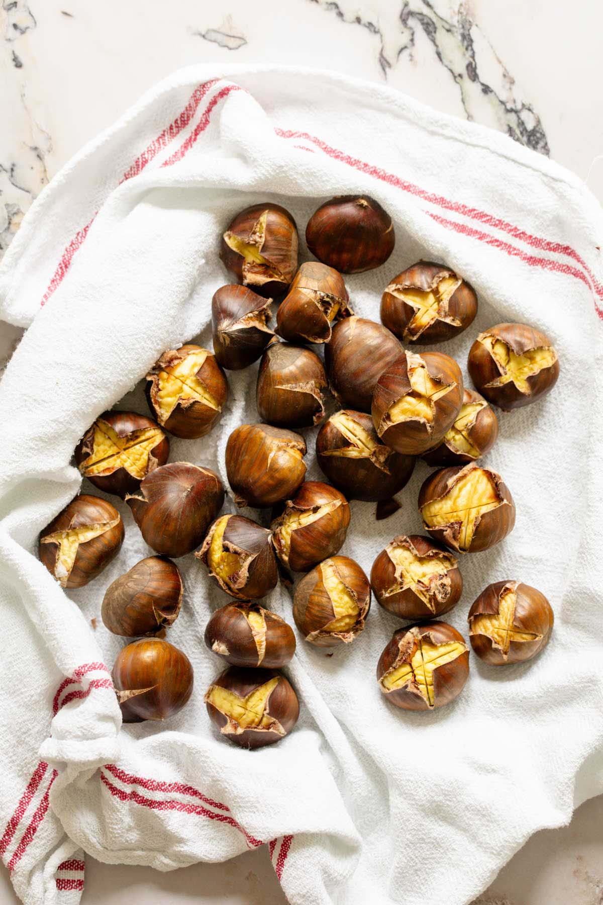 Air fryer chestnuts on a towel