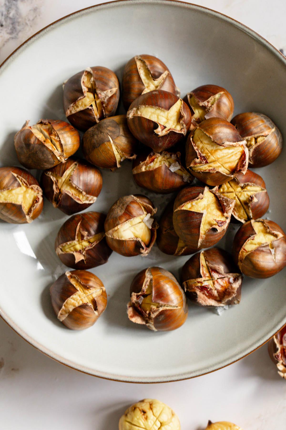 Air fried chestnuts in a bowl