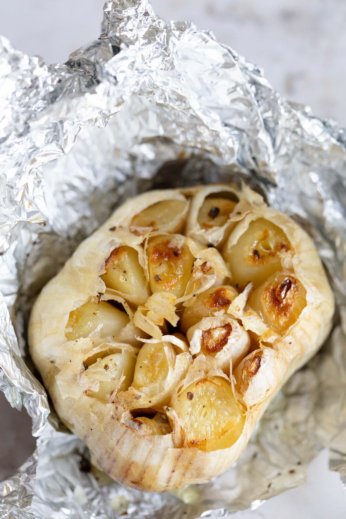 Air fryer roasted garlic in foil