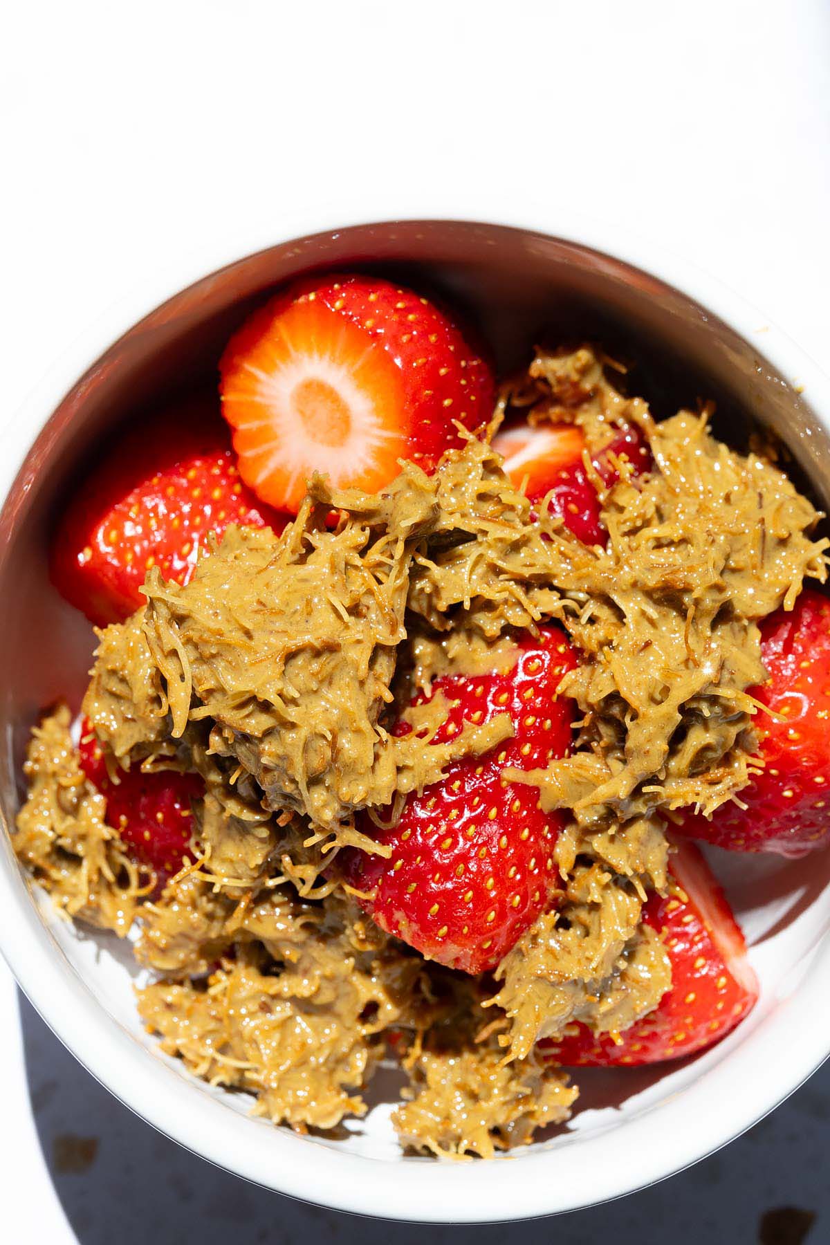 Strawberries with pistachio butter mixture