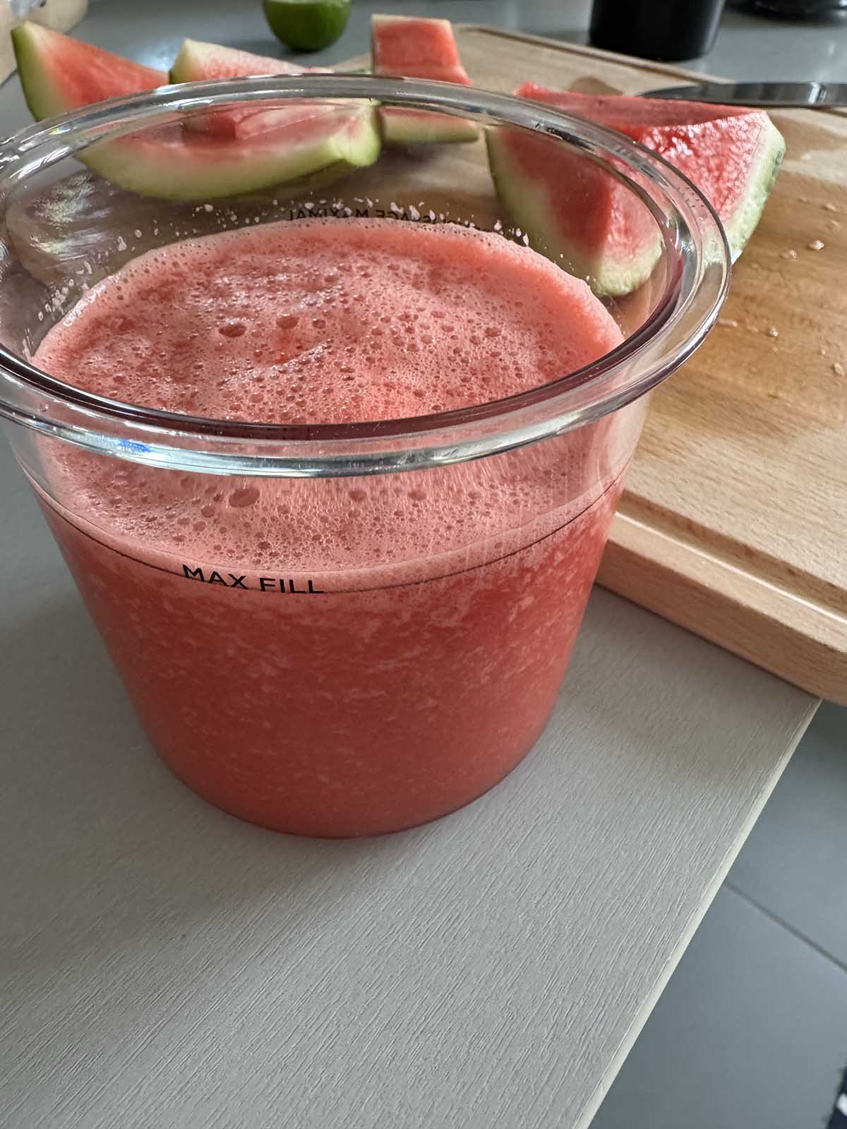Ninja Creami watermelon sorbet about to go in the freezer