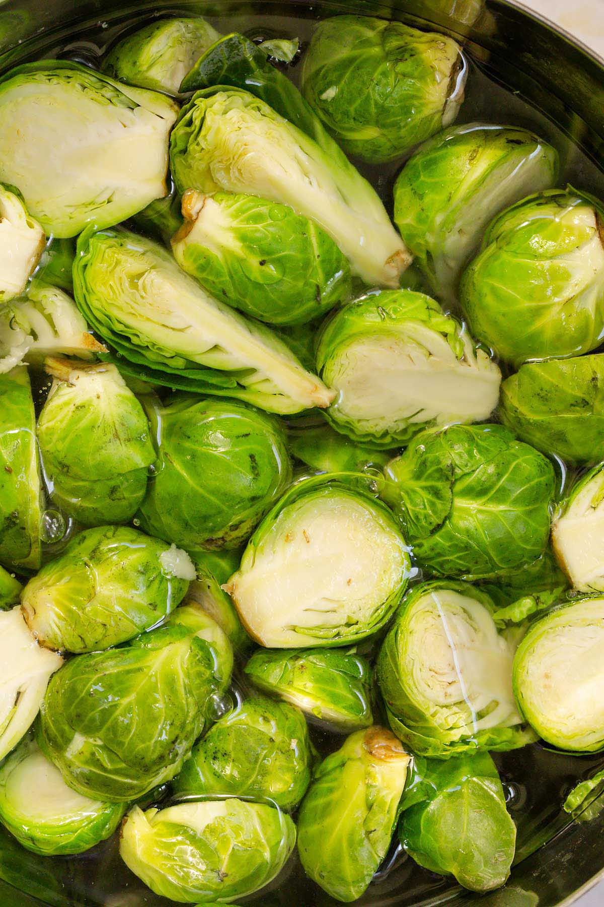Brussels sprouts soaking in hot water