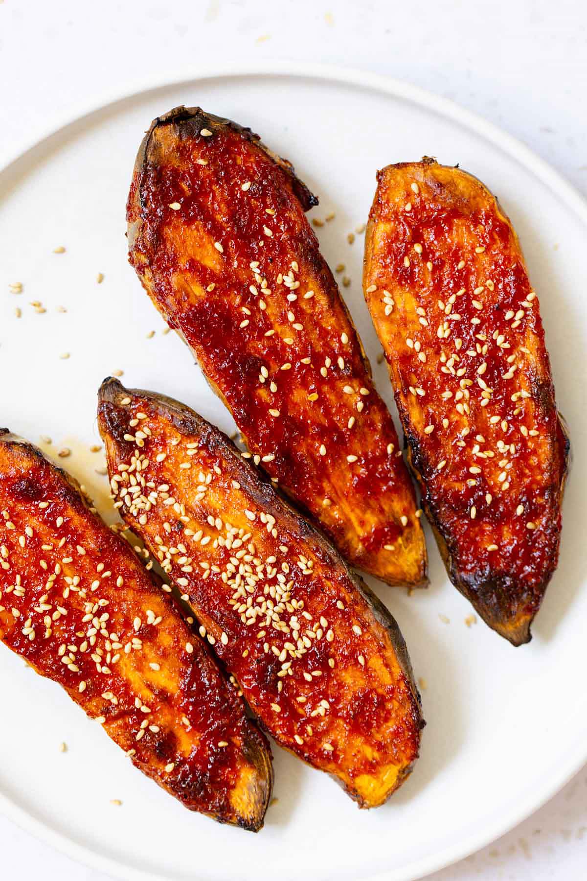 gochujang sweet potatoes on a plate