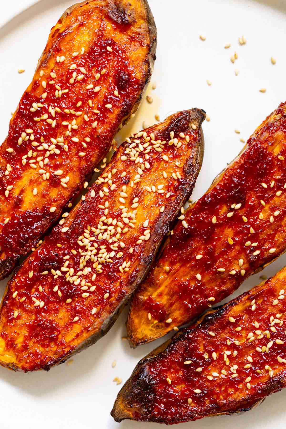 gochujang sweet potatoes on a plate
