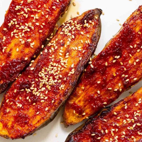 gochujang sweet potatoes on a plate