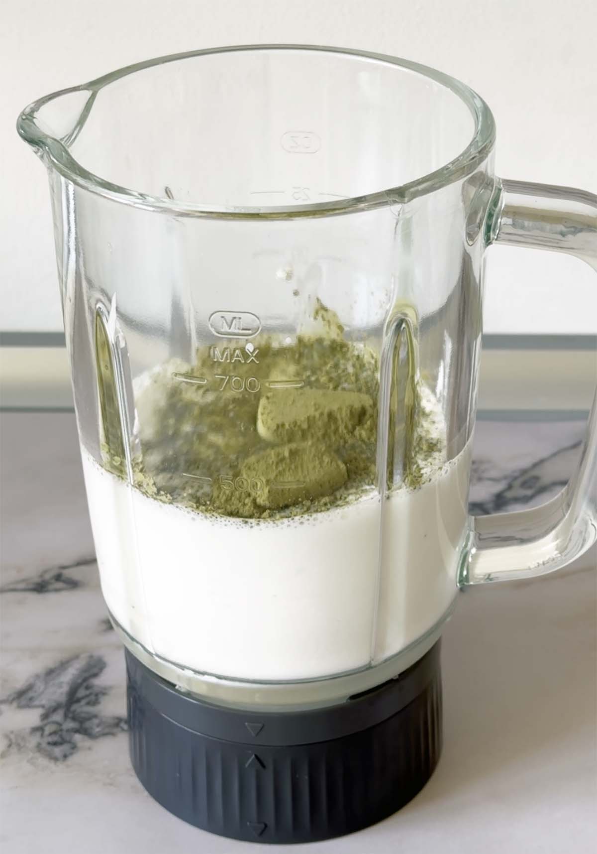 Matcha ice cream ingredients in blender